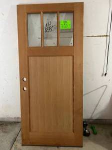 lot 79 image: New Beautiful Solid Wood Front Door With Glass Panels Plus Cut Outs for Doorknob and Deadbolt. Pre-notched for hinges. 