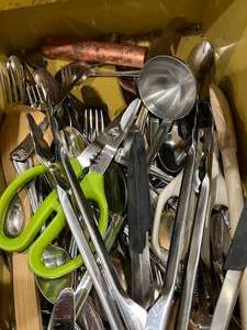 lot 88 image: Drawer Full Of Vintage Flatware Some Silverplate Tongs Scissors Etc