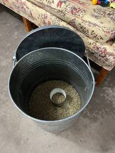 lot 98 image: Metal Feed Bin with Lid. Great Shape. 