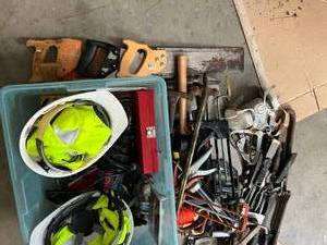 lot 103 image: BIG BIN OF TOOLS Hammers, Hard Hats, Gloves, Hand Saws, Knee Pads, Putty Knives, Trowels, Chisels, Chalk line Crow Bars Too Much To List