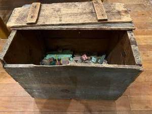 lot 133 image: Antique Old Wooden Crate With Antique Toys Inside