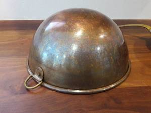 lot 58 image: Antique Primitive Copper Bowl Marked England Large & Round Beating Mixing Hanging Ring English Country Kitchen, Farmhouse Decor Plus Antique Copper Strainer Brass Handles