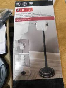 lot 151 image: Delta Porter Telescoping Pivoting Free-Standing Toilet Paper Holder in Oil Rubbed Bronze