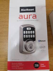 lot 177 image: Kwikset Aura Satin Nickel Single Cylinder Electronic Bluetooth Keypad Smart Lock Deadbolt featuring SmartKey Security
