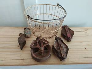 lot 188 image: Five Vintage Pulleys And Basket