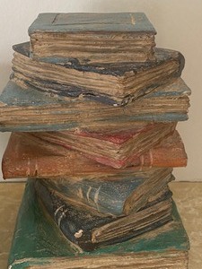 Decorative Planter and Wood Carved Book Stack Figurine