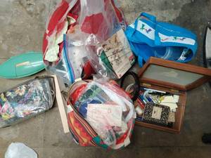 Sewing Supplies and 2 Bins of Fabric
