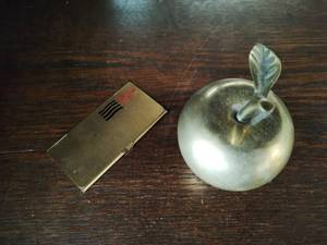 Brass Apple, Elvis Stamps, and Brass Stamp Holder