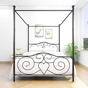 lot 419 image: Black Metal Queen Size Canopy Bed with Vintage Style Headboard & Footboard Model 748G-BK-HD