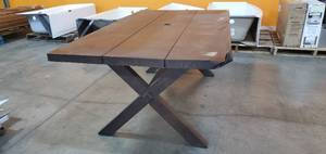 lot 121 image: Metal Patio Table with Brown Wood Look (Damaged) - Approximately 73D x 42W x 29T