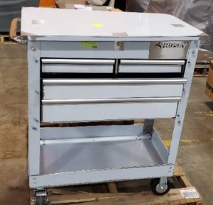 lot 159 image: 33 in. 4-Drawer Stainless Steel Mechanics Cart (Broken drawer slide, loose top)