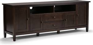lot 138 image: Simplihome- Warm Shaker Wood Universal TV Media Stand, 72 inch Wide - fits TVs up to 80 inches, Tobacco Brown (May be damaged)