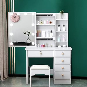lot 150 image: Idingxin - Vanity Table Set Makeup Table with Mirror & Stool Dressing Table with Storage Drawers White (Likely missing partshardware)