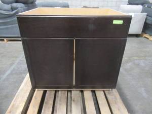 lot 318 image: Shaker Assembled 36x34.5x24 in. Sink Base Kitchen Cabinet in Java. - Cracked Back Wall.