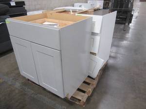 lot 319 image: Pallet of Base Kitchen Cabinets - Scratch & Dent on Gray Cabinets (2), White Cabinet (1) needs some help (for PartsRestore).