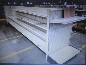 lot 305 image: Retail Gondola Display and Shelving (4ft wide per section). Auction is for the gondola and shelves in photo.