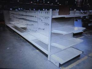 lot 306 image: Retail Gondola Display and Shelving (4ft wide per section). Auction is for the gondola and shelves in photo.