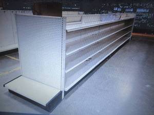 lot 307 image: Retail Gondola Display and Shelving (4ft wide per section). Auction is for the gondola and shelves in photo.