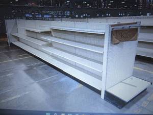 lot 308 image: Retail Gondola Display and Shelving (4ft wide per section). Auction is for the gondola and shelves in photo.