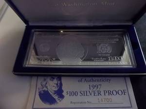 lot 56 image: 1997 $100 Franklin Quarter Pound Proof 6 x 2 58 .999 Pure Silver With COA In Original Case