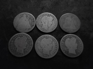 lot 81 image: 2-Seated Liberty & 4-Barber Dimes 1858, 1876, 1898, 1910, 1914, 1916