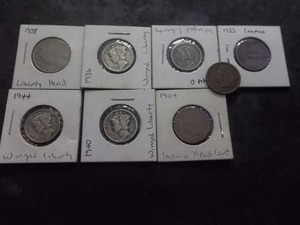 lot 82 image: 1908 V-Nickel, 4-Mercury Dimes, 2-Indian Head Cents 1904, 1908