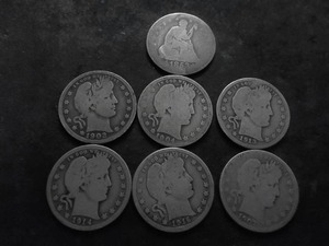 lot 83 image: Seated Liberty Quarter 1853 O, 6-Barber Quarters 1902, 1904, 1913 D, 1914 D, 1916 D, 1907 S
