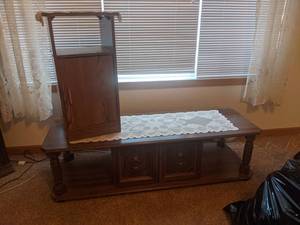 Wood Coffee Table and Small Shelf - Coffee Table is 53 Wide x 20 Deep x 16 High, Shelf is about 14-12 x 12 x 27 - Doily Included