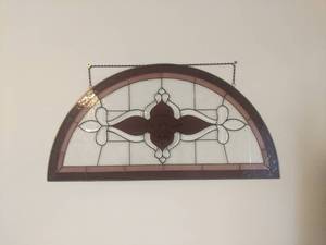 Beautiful Stained Glass Wall Hanging - Damaged in a few spots - see pics - Measures about 42 x 21 - Pink & Burgundy