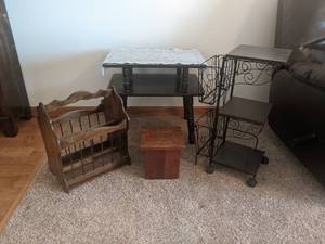 Wood End Table, Metal Rolling Shelf and Magazine Rack - Doily Included - End Table is 24 Wide x 16 Deep x 21 Tall - Rolling Shelf is about 26 Tall