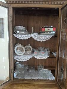 Glass Serving Dishes and More - Contents on LEFT Side of Cabinet - Cabinet NOT included - Please bring boxes as none will be available at the auction - NO SHIPPING