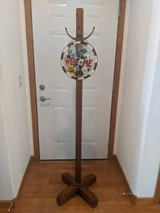 Nice Wood Coat Rack w Stained Glass Welcome Wall Hanging - Rack is about 67 Tall - NO SHIPPING