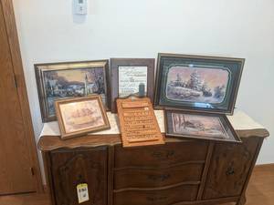 Wood Perpetual Calendar and Framed Art - Largest is 24 x 17 - Please bring boxes as none will be available at the auction - NO SHIPPING