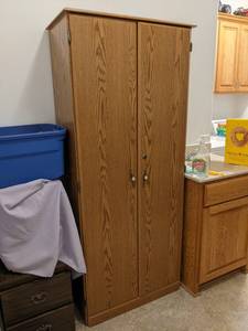 Wood Storage Cabinet - Measures 72 x 30 x 16 - Please bring help to remove - This is located at ground level with no stairs - NO SHIPPING ON THIS AUCTION