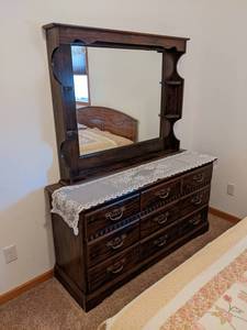 Beautiful Dresser w Mirror - Dresser Measures 58 x 18 x 30 and the Mirror is 48 x 39-12 - Please bring help to remove - This is located at ground level with no stairs - NO SHIPPING ON THIS AUCTION