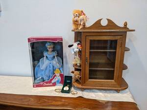 Small Curio Cabinet, Porcelain Cinderella Doll and More - Cabinet is 23 x 19 x 9 - NO SHIPPING