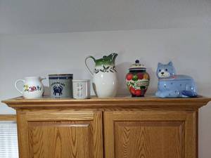Lot of Cookie Jars, Crocks and Pitchers - Includes all on top of Cupboard - Cupboard NOT Included -  NO SHIPPING
