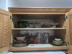 Contents of Cupboard - Serving Dishes, Many Platters (Some in Boxes), Cake Platter w Sterling Silver Base, Vintage Bride Cake Serving Set and More - Cupboard NOT Included - NO SHIPPING