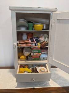 Vintage White Cabinet w Large Lot of Vintage Toys - Tupperware Toys, Dolls, Play Food, Play Dishes and More - Cabinet is 16 x 9 x 28-12 - NO SHIPPING