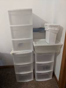 Large Lot of Storage Totes and 3-Drawer Storage Shelves - NO SHIPPING