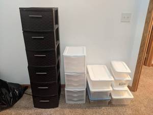 Large Lot of Storage Totes and 3-Drawer Storage Shelves - NO SHIPPING