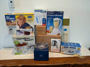 Large Lot of New or Lightly Used Home Appliances and More - Waffle Maker, Blender, Crock Pot, Body Massager, Radio, Iron, Electric Kettle -  All are in their Original Boxes - NO SHIPPING