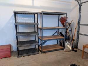Lot of (2) Garage Storage Shelves - Plastic Shelf Is 36 x 24 x 70 and the Metalwood Shelf is 48 x 24 x 72 - NO SHIPPING