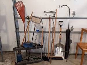 Large Lot of Garden Tools w Rack - Scoop Shovel, Rakes, Brooms and More - NO SHIPPING