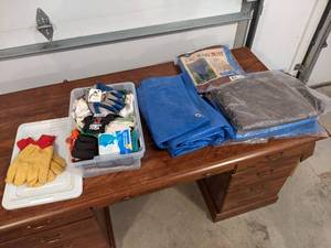 Large Lot of Work Gloves, Tarps and (2) New Rainsuits - NO SHIPPING