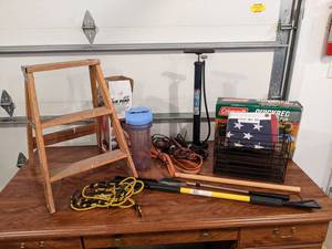 Large Lot of Garage Misc. - Step Ladder, Pump, Flag, Air Mattress and More - NO SHIPPING