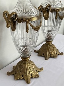 Pair of 19th Century French Crystal and Bronze Cassolette Urns w Ram Details