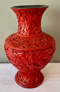 Vibrant Red Carved Chinese Tray, Vase and Trinket Box
