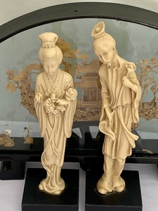 Vintage Chinese Cork Diorama Art and Two Figurines