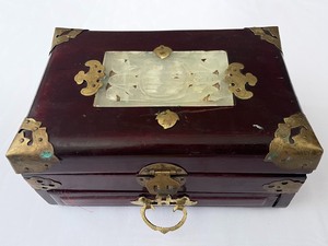 Vintage Asian Inspired Wooden Jewelry Box with Engraved Brass Details
